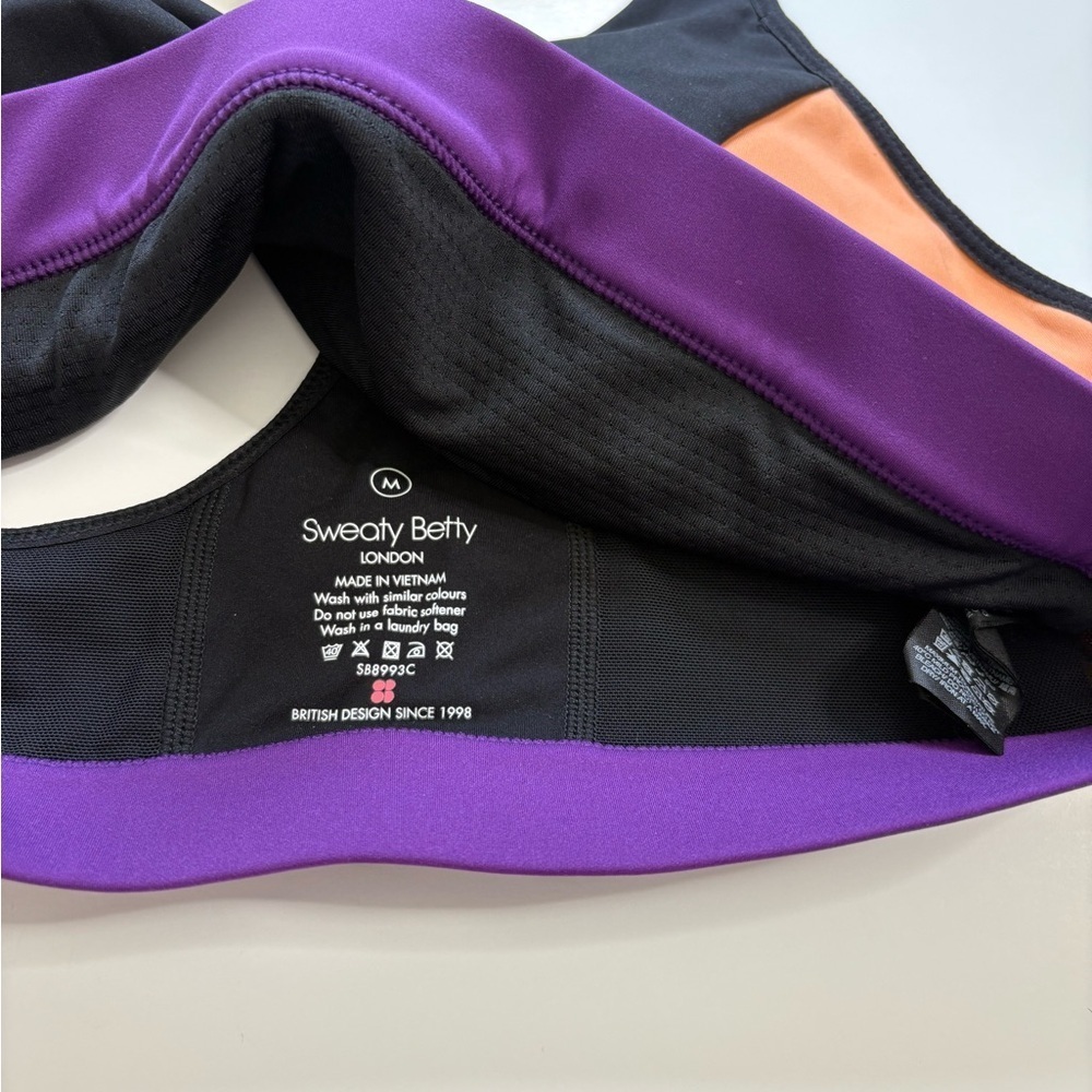 Sweaty Betty Colorblock Black Purple Orange Sports Bra Size Medium Padded - Picture 3 of 6